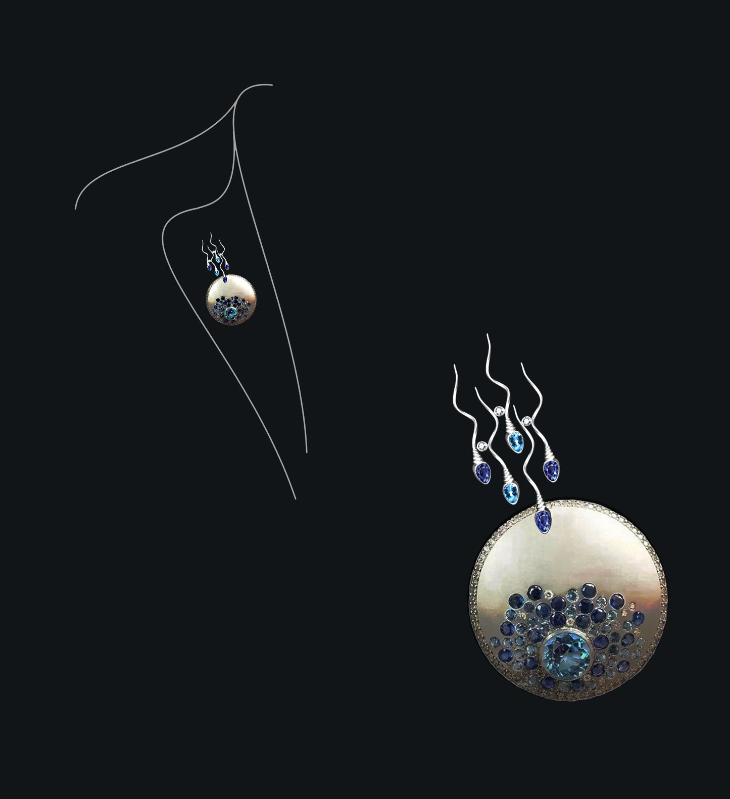 «THE RACE » BROOCH - White Gold - Aquamarine Blue Sapphires Diamonds