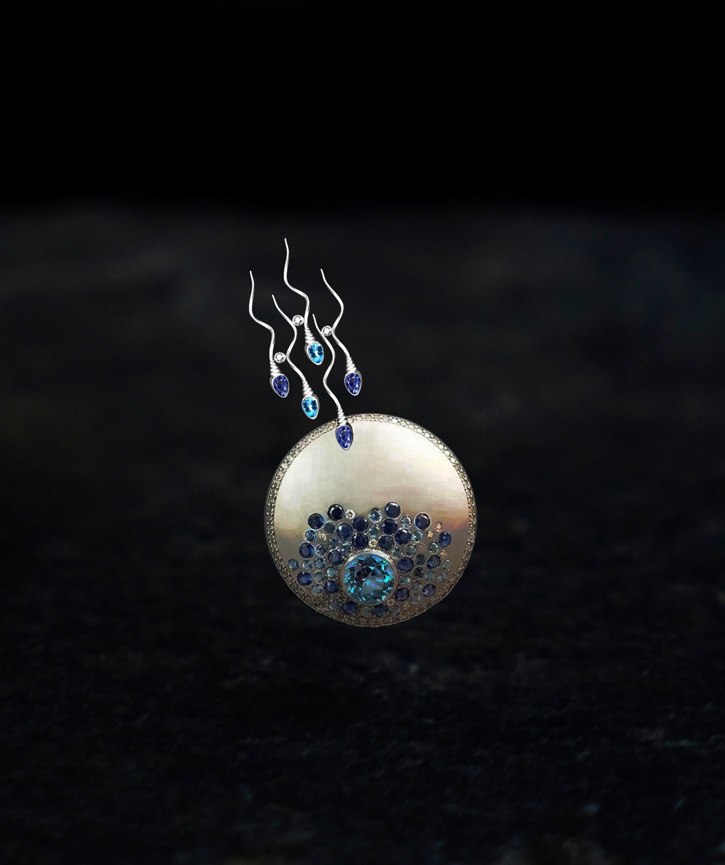 «THE RACE » BROOCH - White Gold - Aquamarine Blue Sapphires Diamonds